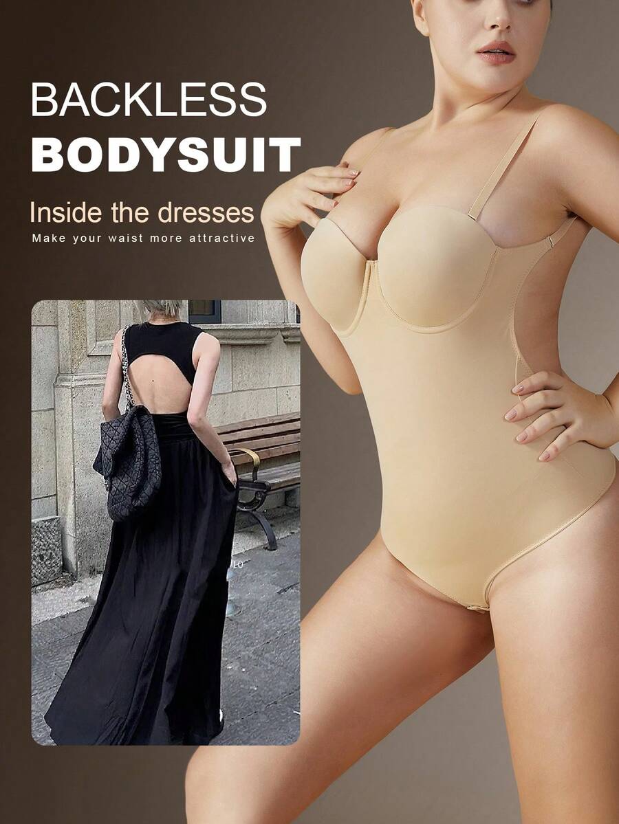 1pc Women's Backless Shapewear Bodysuit With Tummy Control Straps - Apricot - View 1
