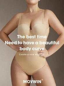 1pc Women's Backless Shapewear Bodysuit With Tummy Control Straps - Apricot - View 8