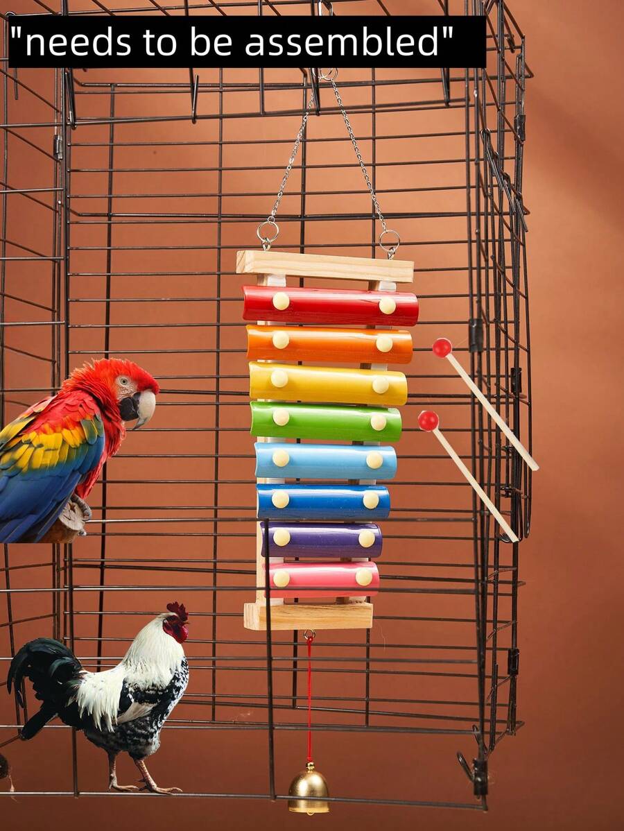 需要組裝的鳥輕鬆型鐵琴玩具,掛飾式8鍵金屬鐵琴玩具,適用於雞鳥、鸚鵡、鸚鵡、文鳥、愛情鳥等鳥籠玩具配件 - 彩色 - 查看 1