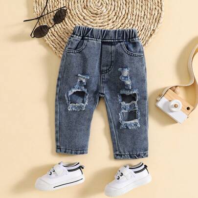 男童休闲做旧洗水蓝色牛仔裤（春夏）