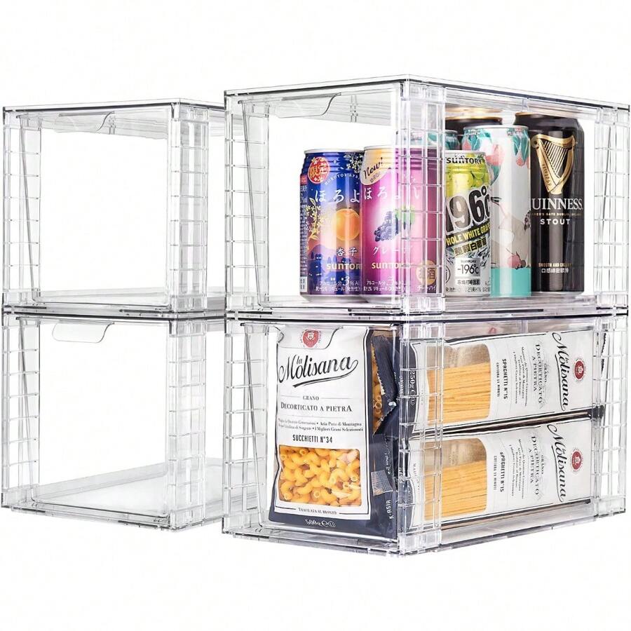 4 Pack Large Stackable Kitchen Storage Drawers, Clear Food SOrganizer Bins With Handles, Easily Assemble For Bathroom, Kitchen, Pantry, Cabinet, Closet - 白色 - 查看 1