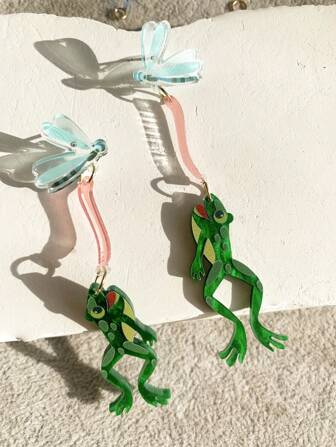 Cute Frog Eating Bug Design Earrings, Perfect For Vacation And As A Romantic Gift For Spring And Summer