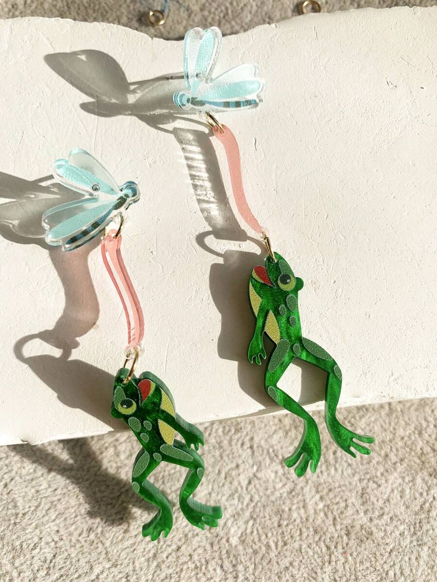 Cute Frog Eating Bug Design Earrings, Perfect For Vacation And As A Romantic Gift For Spring And Summer