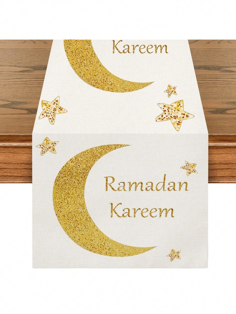 1pc Linen Style Table Runner With Gold Star & Moon Pattern, Style Tablecloth For Dining Table, Coffee Table, Shoe Cabinet, Suitable For Restaurant, Kitchen, Dining Pad, Festive Decorations Best Gifts,Wedding Tablecloth,Wedding Decor,Home Decor ,Room Decor, Birthday Decorations Party Decorations Bachelorette