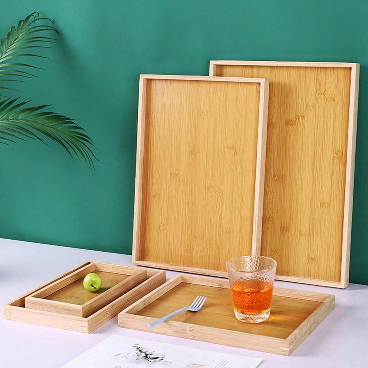 1pc Bamboo Tea Tray For Home Use, Rectangular Wooden Serving Tray For