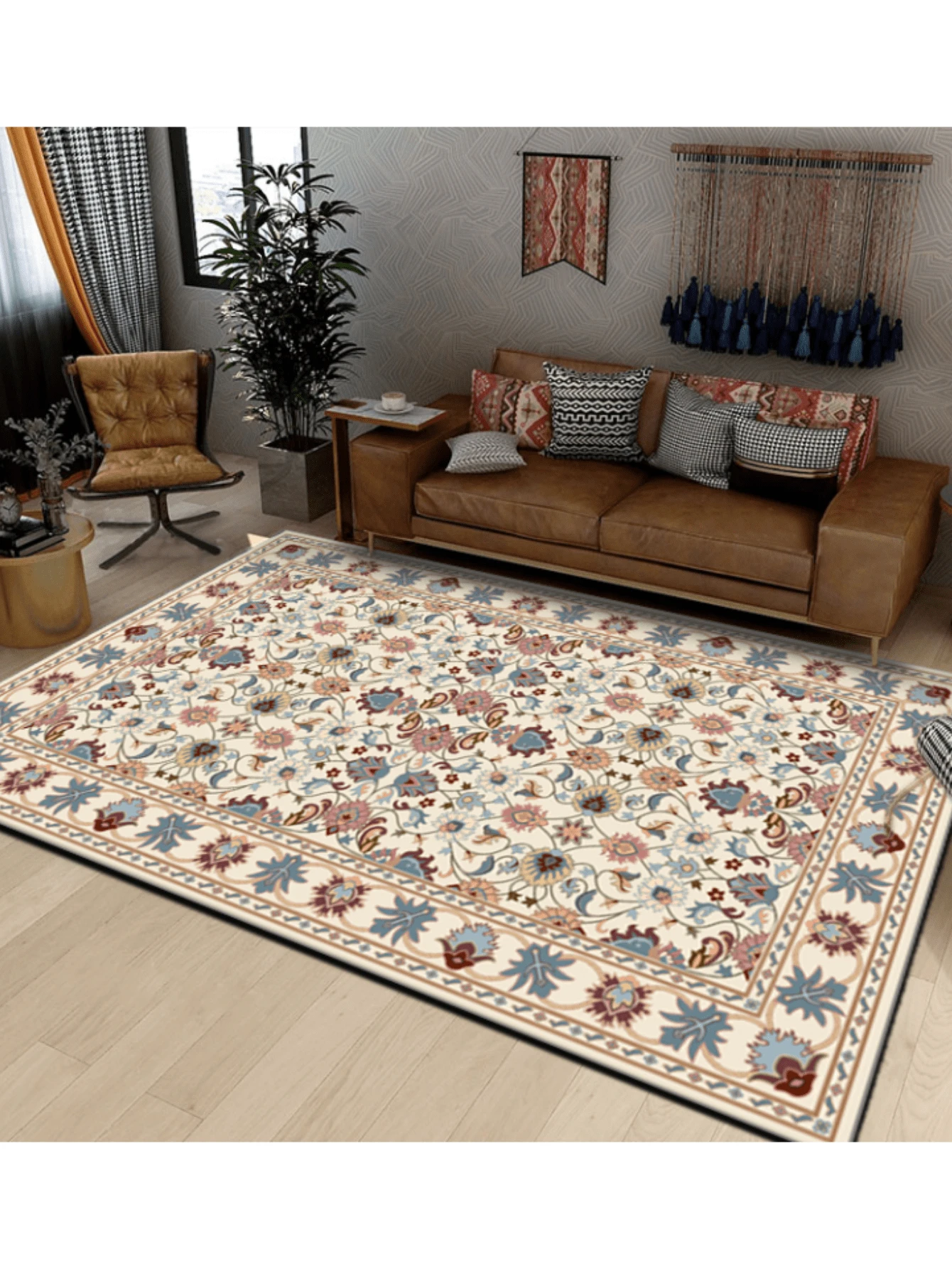 圓形波西米亞客廳地毯，土耳其風格沙發墊，咖啡桌地毯，廚房臥室客廳多尺寸，彩色紅色/棕色/彩色，裝飾性高端印花可機洗地毯（請注意邊緣顏色提醒）