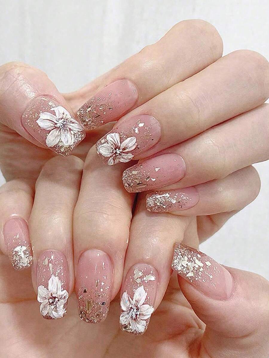 长指甲压合棺材闪光假指甲裸色丙烯酸芭蕾舞女演员假指甲光泽胶全覆盖白花凝胶指甲 24 片 - 彩色 - 查看 1