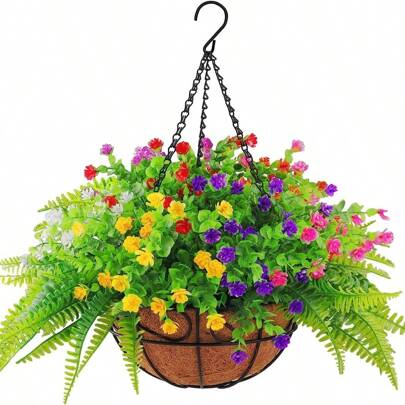 1 件，捆绑户外人造花，抗紫外线玫瑰桉树植物，人造塑料绿色星空室内外悬挂植物，花园门廊窗台盒，适用于婚礼装饰、家居装饰、户外花园装饰、房间装饰