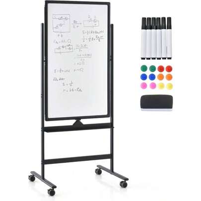 Magnetic Whiteboard With Stand, Double-Sided Whiteboard With Accessories Set, Dry Wipe, Mobile Whiteboard Height Adjustable, For School, Office, Home (60 X 100cm, Black)
