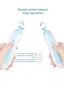 一套婴儿电动指甲锉，适合婴幼儿，6个磨头，4种速度模式，可用于修剪脚趾甲和手指甲。