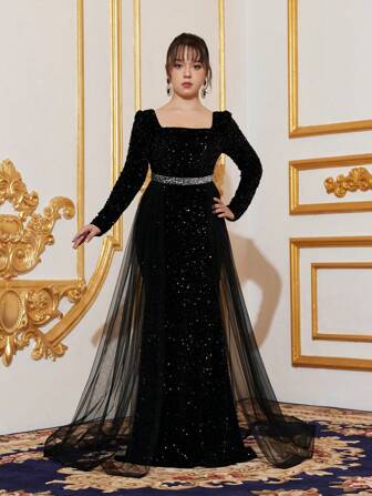 Elegant fyrkantig halsringning, långärmad flickklänning med transparent tyllsläp och kristallmidjeband – sjöjungfrusilhuett, formell klänning för galor, baler, prisutdelningar, debutantfester och högtidsfiranden