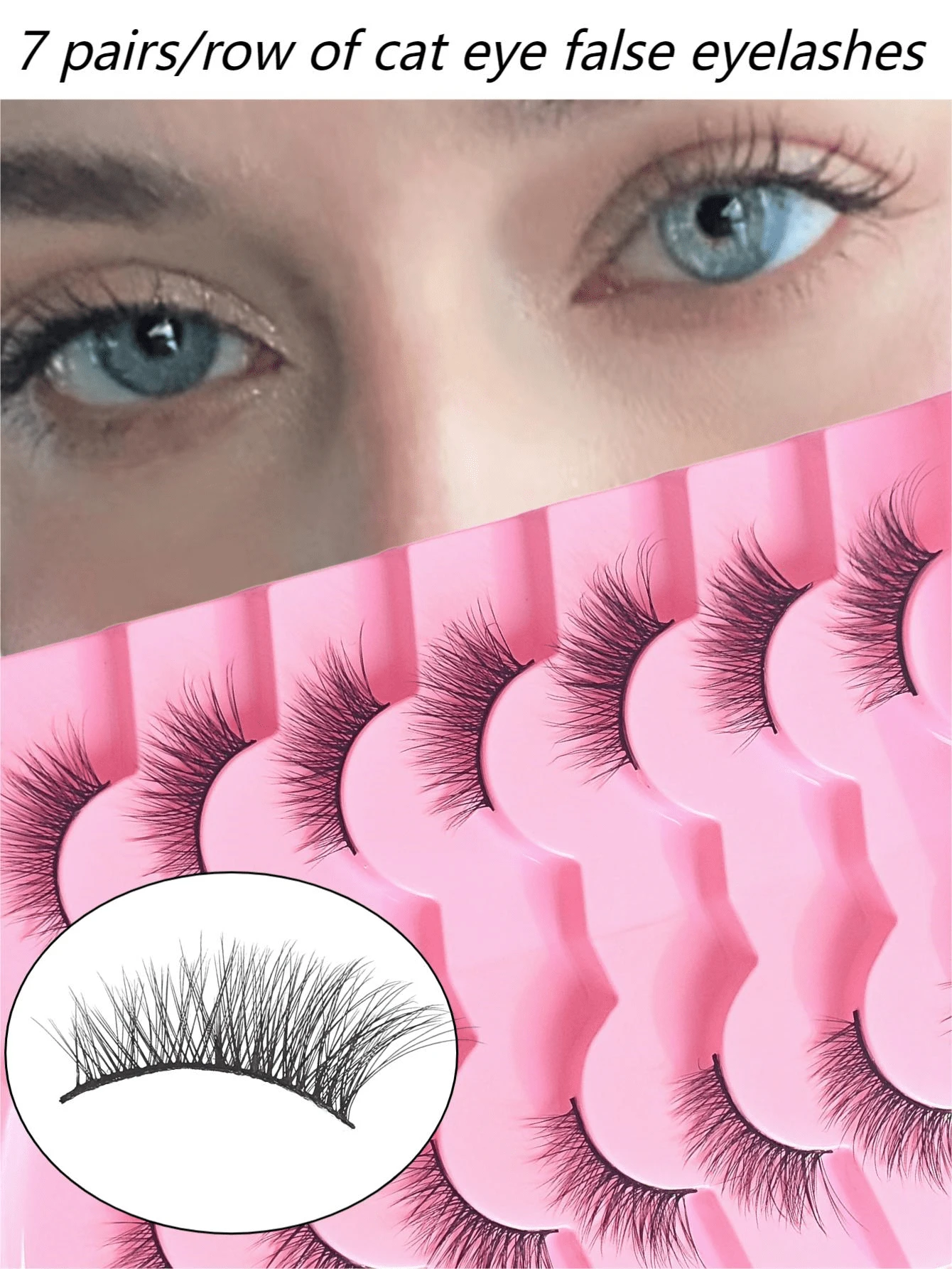 7對半眼式假睫毛,貓眼自然蓬松人造貂毛睫毛,輕柔群簇的長短睫毛 - 自然纖長款 - 查看 1