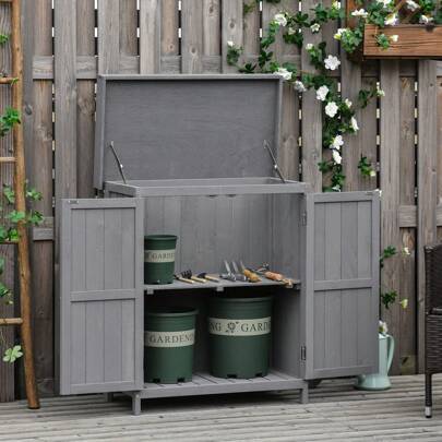 Outsunny Wooden Garden Storage Shed With Hinged Roof And Shelves, Outdoor Storage Cabinet Chest, Double Doors, 74 X 43 X 88cm