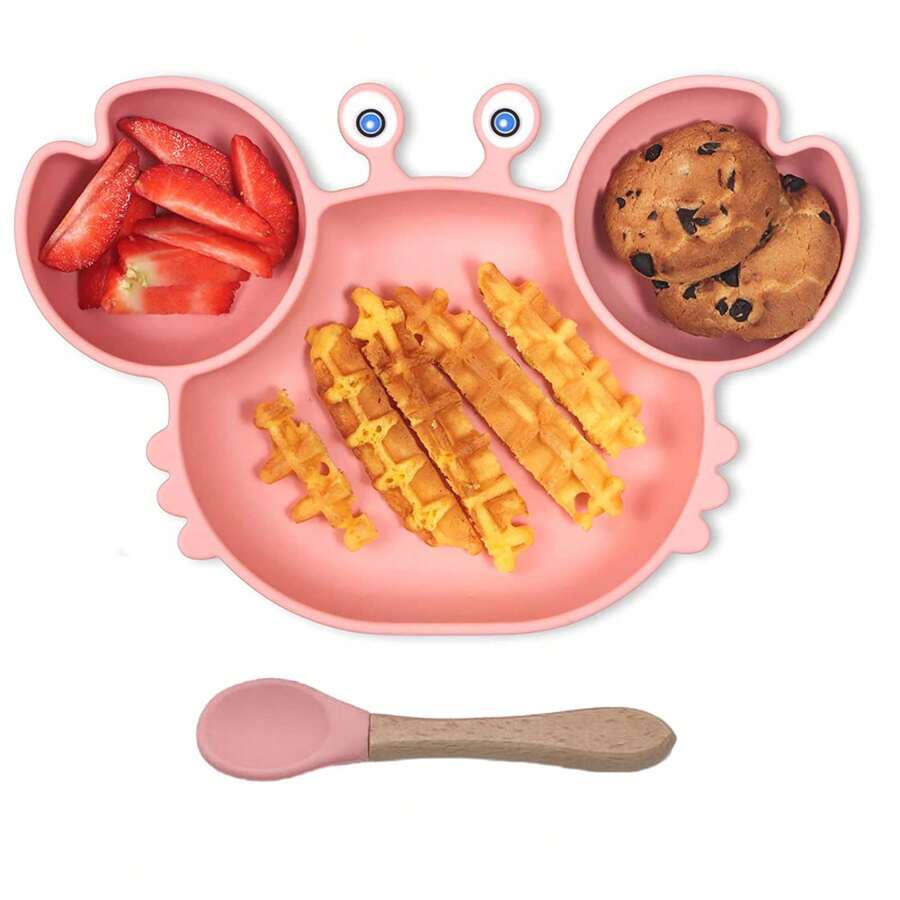 Plates, Cutlery, Silicone Dinner Plate Cutlery Set With Spoons, Easy To Clean, , Plate Set - Pink - View 1