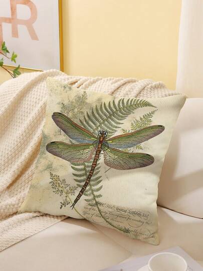 1pc Vintage Plant & Dragonfly Pattern Printed Pillow Cover, Single-Sided Printing, Modern Home Decorative Pillow Case(Does Not Include Filling)