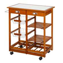 HOMCOM Rolling Kitchen Cart, 2-Drawer Utility Pine Wood Trolley With 2 Baskets, 6-Bottle Wine Rack & Tile Top - Yellow - View 2