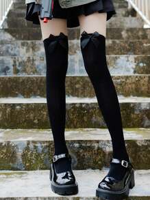 Black Bow Minimalist Thigh High Socks, Skin-Friendly Comfortable Soft Breathable - Black - View 3