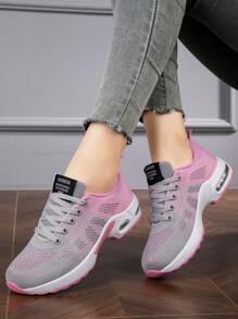1pair Women's Gray-Pink Mesh Breathable Sneakers, 2024 Spring/Summer New, With Cushioning, Shock Absorption, And Soft Sole, Suitable For Jump Rope, Cross Training, And Running - Grey - View 2