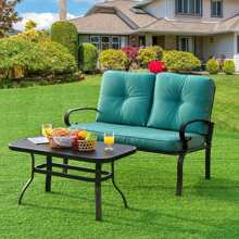 Gymax 2PCS Patio Loveseat & Table Set Conversation Sofa Set W/ Turquoise Cushions