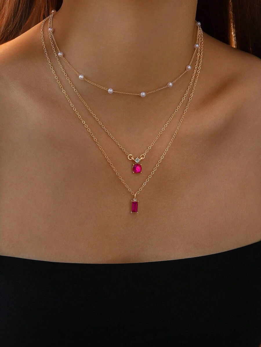 imoli 2入組/套時尚水鑽人造珍珠裝飾項鍊適合女士日常裝飾