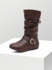 Girl's Knee High Boots With Knit Upper, Winter Riding Style Boots For Little & Big Kid,Runs Small Recommend Wide Feet Order One Size Up - 棕色 - 查看 4