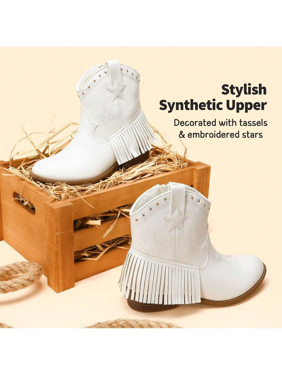 Girls Western Boots | Ankle Cowboy Boots With Tassel And Side Zipper For Little & Big Kid - trắng - Xem 1