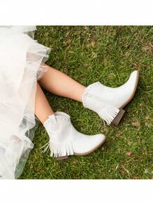 Girls Western Boots | Ankle Cowboy Boots With Tassel And Side Zipper For Little & Big Kid - trắng - Xem 8