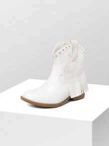 Girls Western Boots | Ankle Cowboy Boots With Tassel And Side Zipper For Little & Big Kid - trắng - Xem 3
