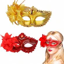Antifaz De Flores Batucadas Fiesta Máscara Carnaval 2pcs - oro+rojo - Ver 1