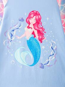 Young Girl Cartoon Mermaid Pattern Fish Scale Shoulder Insertion Air Conditioner Outfit Sleep Dress For Spring/Summer