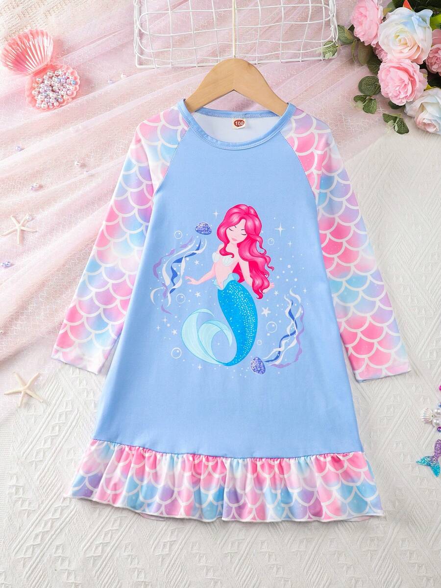 Young Girl Cartoon Mermaid Pattern Fish Scale Shoulder Insertion Air Conditioner Outfit Sleep Dress For Spring/Summer