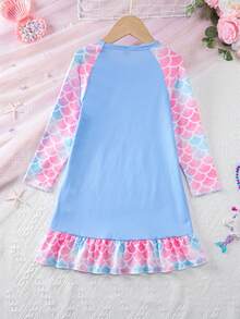 Young Girl Cartoon Mermaid Pattern Fish Scale Shoulder Insertion Air Conditioner Outfit Sleep Dress For Spring/Summer