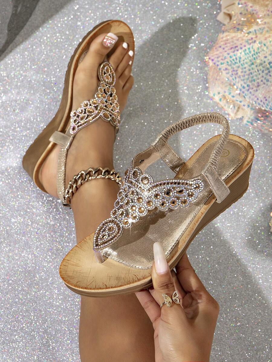 New Arrival Bohemian Style Rhinestone Decorated Platform Wedge Sandals For Women, Korean Version Valentines - Rose Gold - View 1