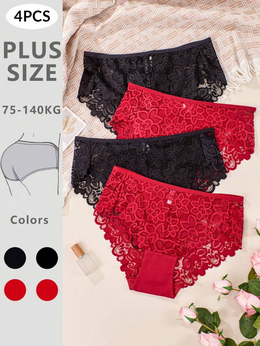 4PCS Plus Size Damskie Wysokie Talie Seksowne Koronkowe Majtki Majtki Miękkie Koronkowe Damskie Bielizna