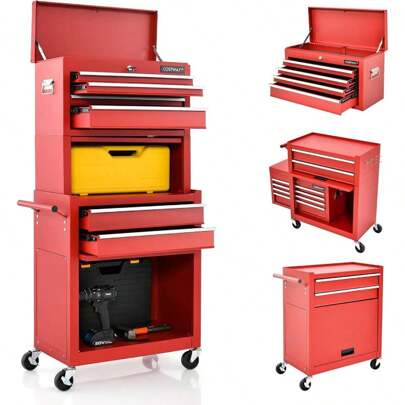 2 In 1 Tool Trolley With Wheels, Workshop Trolley With 6 Drawers & Base Cabinet & Tray & Sliding Doors, Tool Cabinet With Lock, 61.5 X 33 X 132 Cm (Red)