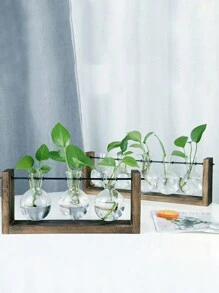 創意玻璃桌面水耕植物容器,木框透明玻璃試管花瓶,家用桌面盆栽裝飾工藝品 - 彩色 - 查看 6