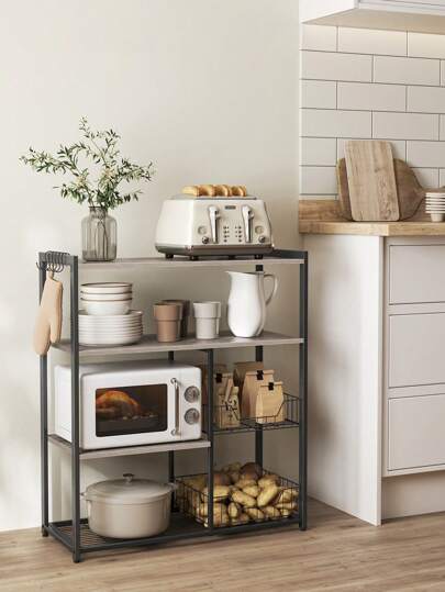 VASAGLE Estantería de Cocina con 2 Cestas de Malla Metálica, Estantería para Microondas, con Estantes y Ganchos, 35 x 80 x 95 cm, Estilo Industrial, Greige y Negro, Vuelta al Cole