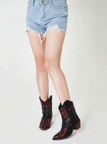 Rhinestone Women's Ankle Cowboy Boots Sparkly Pointed Toe Low Chunky Heel Vintage Short Cowgirl Shoes - 紅色 - 查看 9