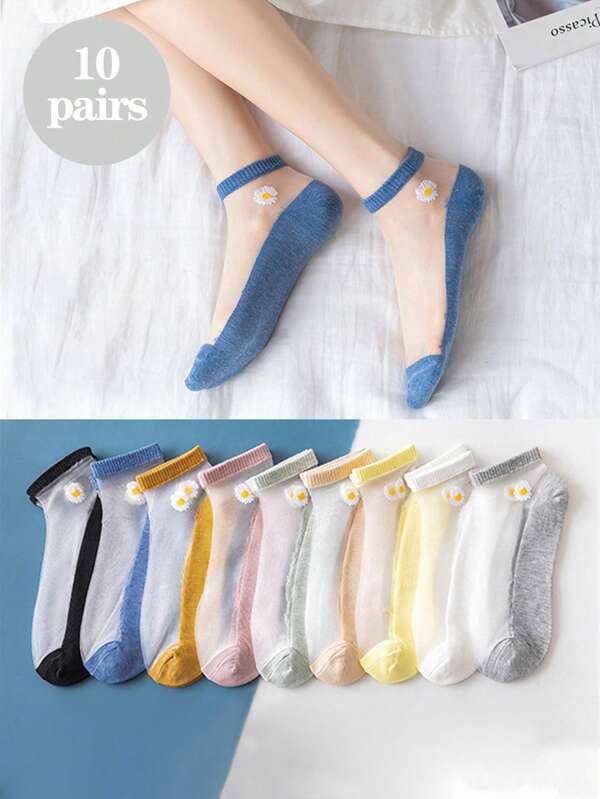 10 Pares/paquete De Pantis Transparentes Con Diseño De Flores Para Mujer