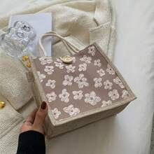 1/2/3件粗麻布手提袋，婚礼专用可重复使用包，日常使用，迷你手提袋，拉链帆布包，便携式双手柄手提袋，午餐礼品袋，沙滩包，带手柄纽扣的单肩手提包，三种颜色可供选择，情人节礼物，送给情侣的最佳礼物（纽扣款式和颜色随机发货）（由于材料原因，可能会出现断线。如果您介意，请谨慎下单） - 彩色 - 查看 3