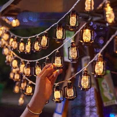 1pc 10/20/40-LED Vintage Kerosene Lamp String For Outdoor Party Home Decoration, Festival Outdoor Camping RV Decoration String Lights For Halloween & Christmas