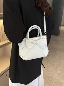 奢华蝴蝶结装饰手提包 - 女士双提手钱包，时尚女士小型仿皮斜挎包，女士情人节蝴蝶结钱包 - 白色 - 查看 2