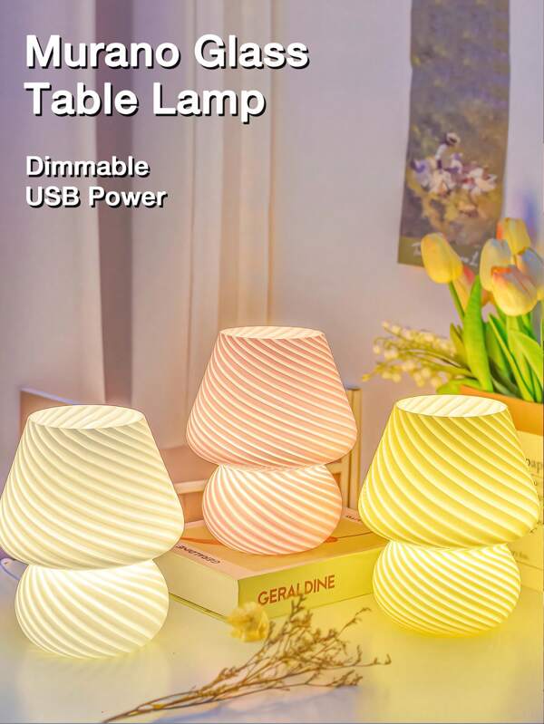 1 Pieza Lámpara De Escritorio De Vidrio Murano, Lámparas De Mesa De Vidrio Para Dormitorio, Luz Ambiental Decorativa Pequeña Con Diseño De Setas Vintage, Regalo De Navidad Para Habitación De Niñas O Sala De Estar