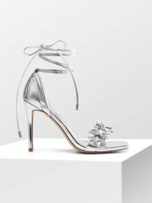 Women Butterfly High Heeled Sandals, Tie Leg Design Stilletos Heels, Sexy Square Toe Summer Heels, For Party Prom Wedding Summer Spring Wearing - Silver - View 3