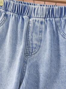 1 件女童牛仔裤，浅蓝色/中蓝色/深蓝色牛仔休闲直筒裤，松紧腰带，仿口袋，适合所有季节 - 淺色水洗藍 - 查看 4