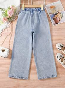 1 件女童牛仔裤，浅蓝色/中蓝色/深蓝色牛仔休闲直筒裤，松紧腰带，仿口袋，适合所有季节 - 淺色水洗藍 - 查看 2