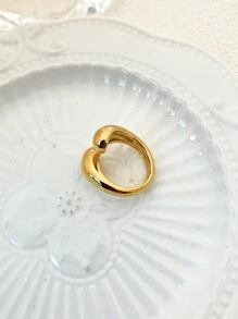 Mazuer 1 pieza Anillo con forma de gota de agua de doble cabeza estilo francés vintage chapado en oro de 18K, anillo unisex de acero inoxidable para uso diario/fiesta/regalo - Amarillo Oro - Ver 4