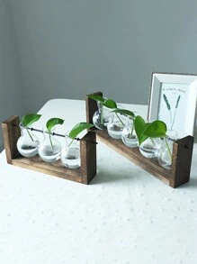 創意玻璃桌面水耕植物容器,木框透明玻璃試管花瓶,家用桌面盆栽裝飾工藝品 - 彩色 - 查看 7