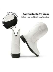 Kids Cowboy Boots, Western Style Riding Mid Calf Boots With Square Toe For Toddler & Little Boys And Girls - 白色 - 查看 8