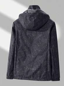 女款植物印花束口罩連帽防風夾克，戶外運動運動夾克 - 黑色 - 查看 5